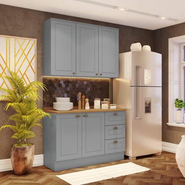 Cozinha Compacta 2 Peças 5 Portas 3 Gavetas Emily Cinza/nature