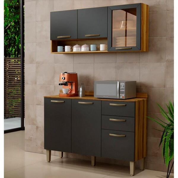 Cozinha Compacta 2 Peças Nicho Balcão Carvalho Com Grafite