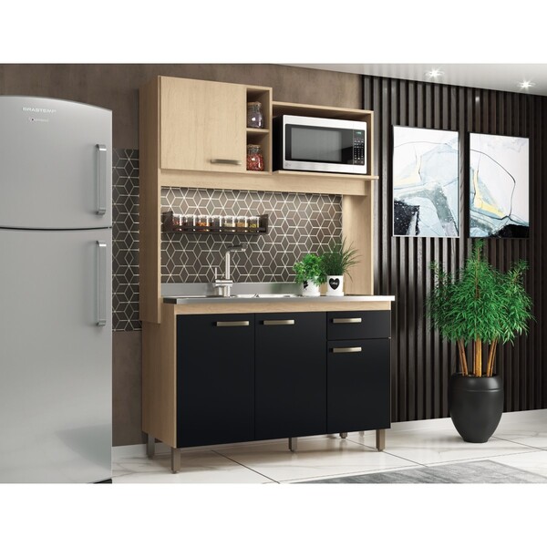 Cozinha Compacta 4 Portas 1 Gaveta Ferrara Carvalho/preto.- A