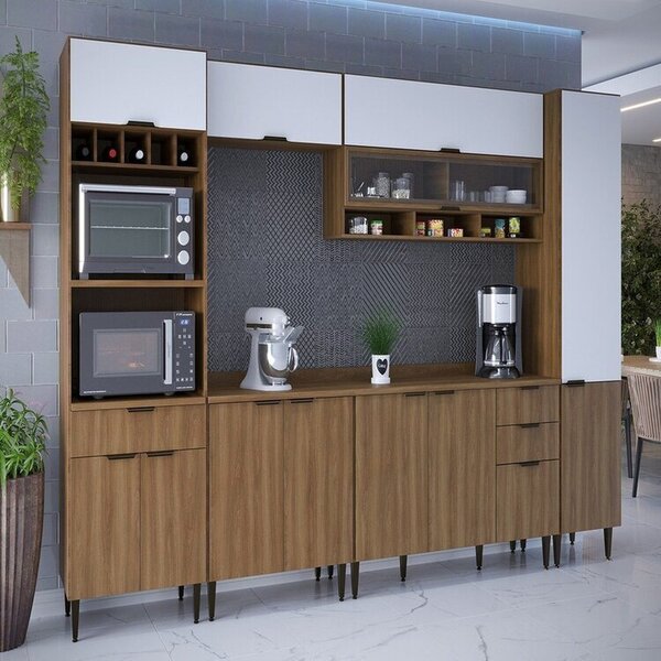 Cozinha Compacta 6 Peças 12 Portas 4 Gavetas Paris Nogal Manc