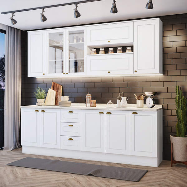 Cozinha Compacta 7 Peças Com Aéreo 3 Portas Com Vidro Amy Cas