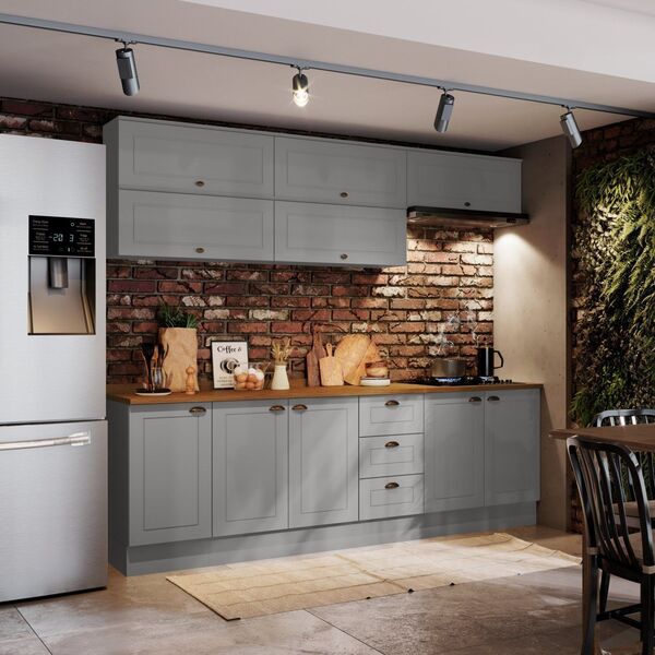 Cozinha Compacta 8 Peças 10 Portas 3 Gavetas Emily Cinza/natu