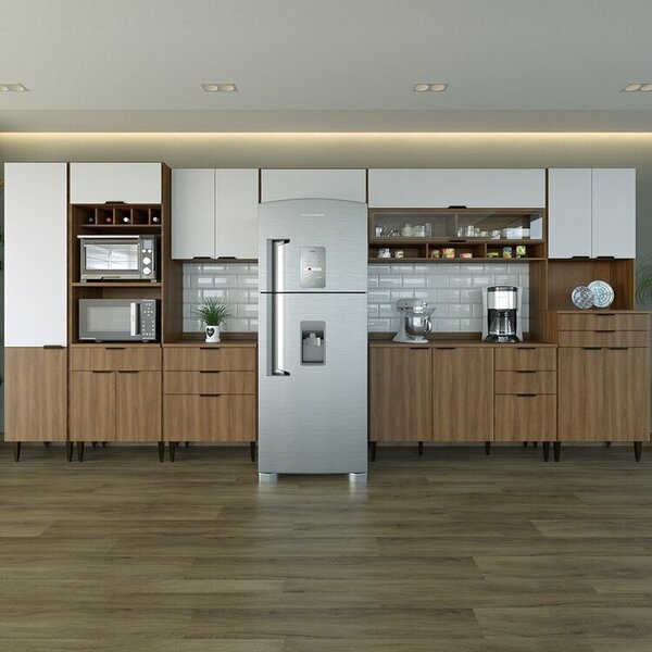 Cozinha Compacta 8 Peças 16 Portas 9 Gavetas Paris Nogal Manc