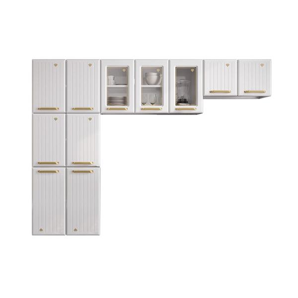 Cozinha Compacta Aço 3 Peças Com Vidros Armários Aéreos E Pan