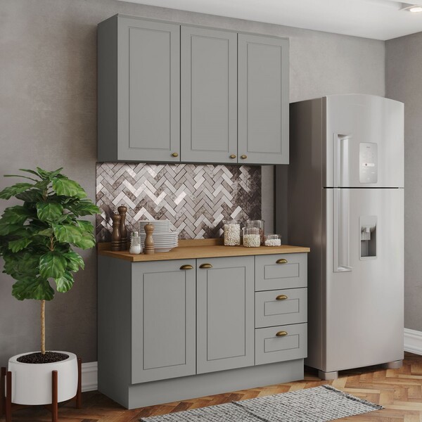 Cozinha Compacta Americana 5 Portas 3 Gavetas 100% Mdf Cinza/