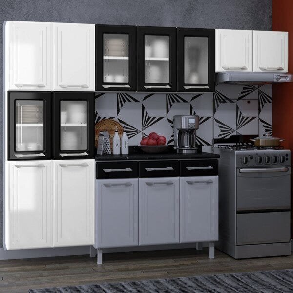 Cozinha Compacta De Aço 3 Peças Topázio  Branco Com Preto