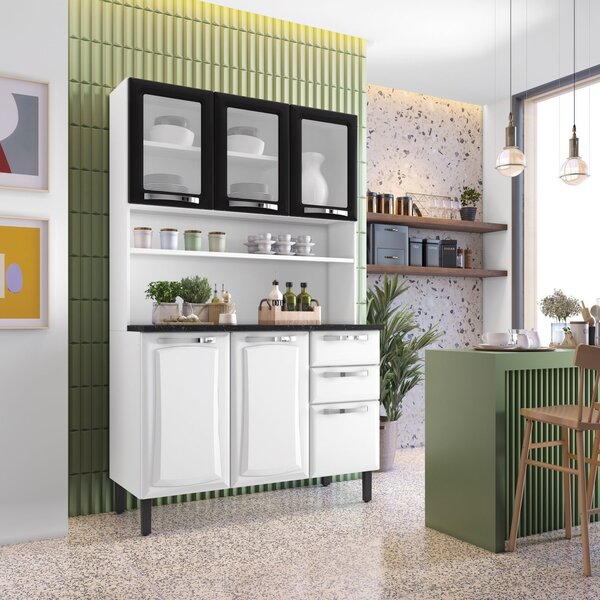 Cozinha Compacta Em Aço 120cm 6 Portas 3 De Vidro 2 Gavetas P