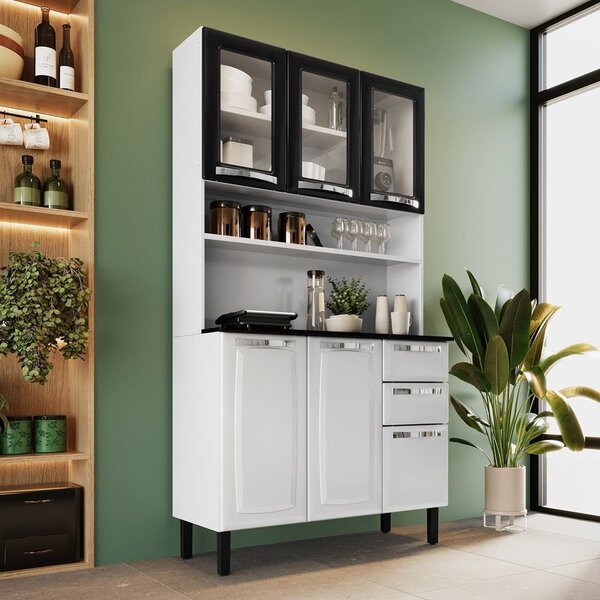 Cozinha Compacta Em Aço 6 Portas (sendo 3 De Vidro) 2 Gavetas