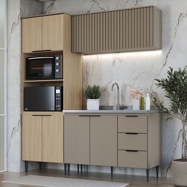 Cozinha Compacta Lavínia 7 Portas 3 Gavetas Ripado Imperial/f