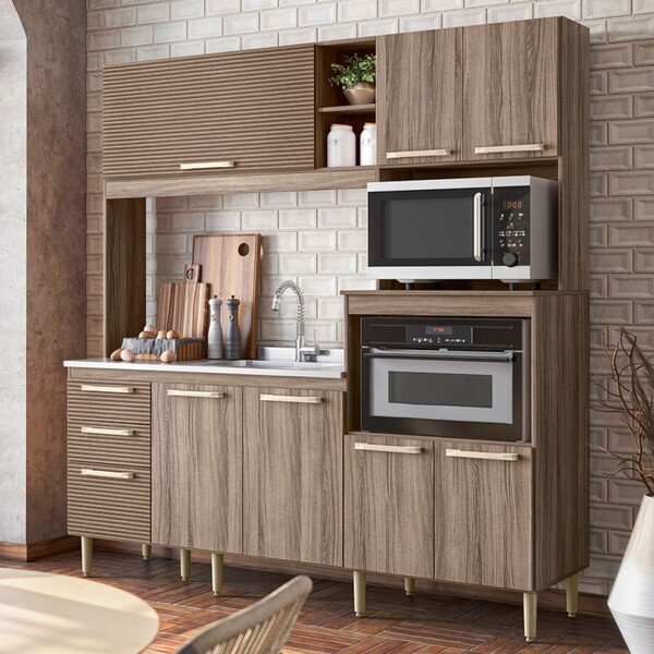 Cozinha Compacta Piatã 7 Portas 3 Gavetas 100% Mdf Carvalho N