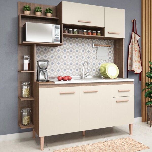 Cozinha Compacta Sofia 5 Portas 1 Gaveta Teka/champagne - Fel