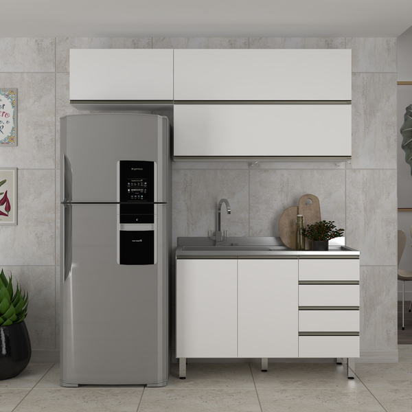 Cozinha Compacta 3 Módulos com Gavetas, Armário Aéreo e Balcão MDF Spring Pérola Luciane