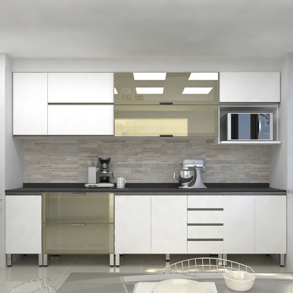 Cozinha Compacta 10 Módulos com 5 Gavetas, Armário Aéreo, Nicho e Balcão 3,05m MDF Spring Pérola Reflecta Bronze Luciane