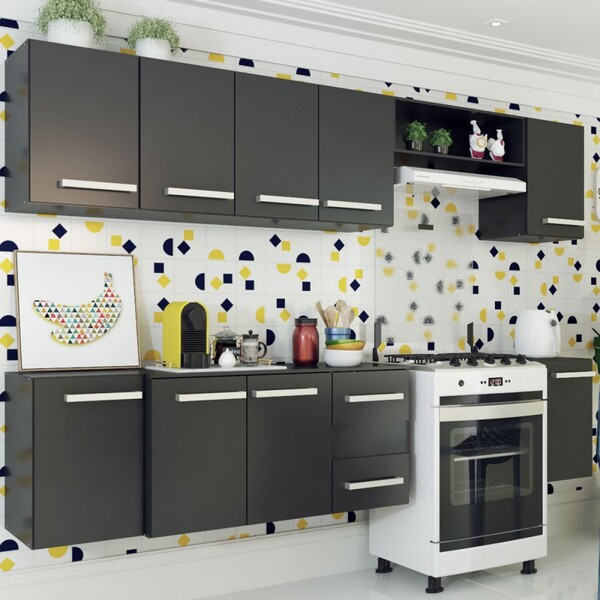 Cozinha Compacta Stela 9 Portas 2 Gavetas Preto Fosco - Panor