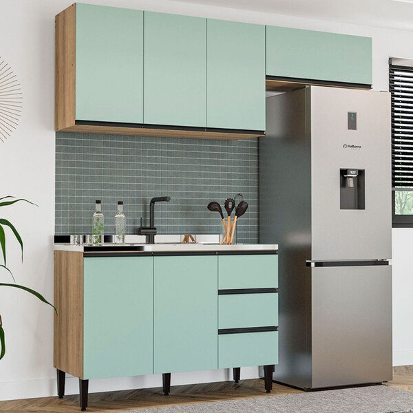 Cozinha Compacta Talharim 6 Portas 3 Gavetas Mel/verde Bellag