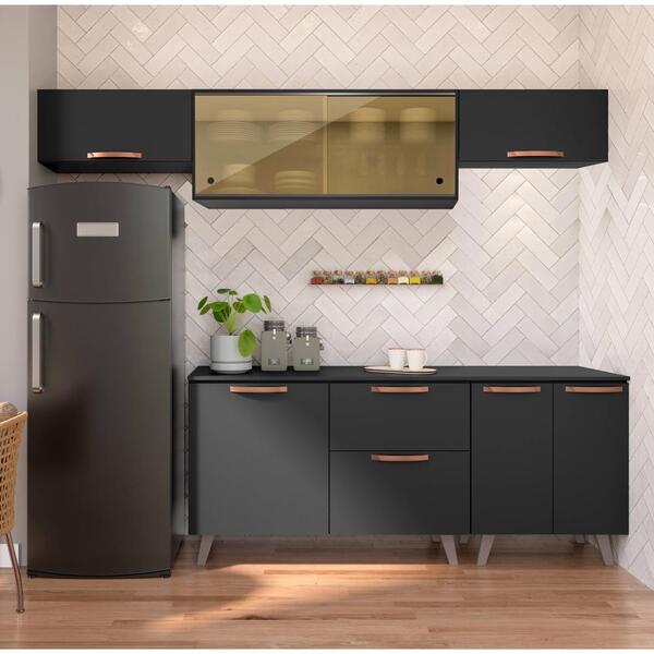 Cozinha Compacta Thela Emília 5 Peças C/ Vidro E Balcão Preto