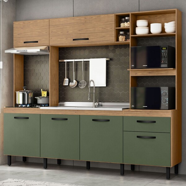 Cozinha Compacta Zoe 6 Portas 1 Gaveta Freijó/jade - Mx Móveis