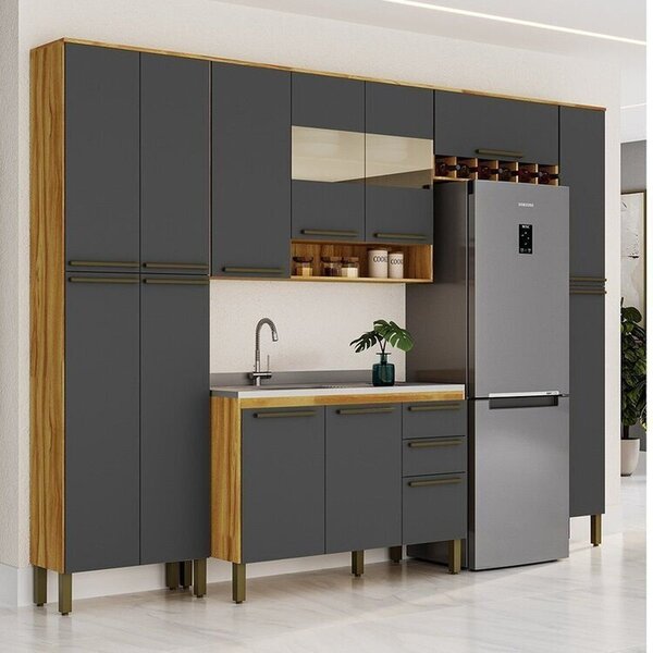 Cozinha Completa 100% Mdf 300cm 5 Peças Sem Tampo Com Vidro R