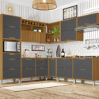 Cozinha Completa com Bancada Torre e Armário Aéreo 2,68m MDF Freijó e Grafite Turquesa Nesher