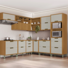 Cozinha Completa com Bancadas Torre e Armário Aéreo 2,68m MDF Freijó e Off White Turquesa Nesher