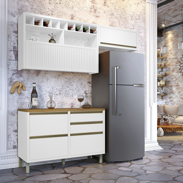 Cozinha Completa 3 Módulos com Gavetas, Armário Aéreo, Nichos e Balcão Madeira Baronesa Branca Nesher