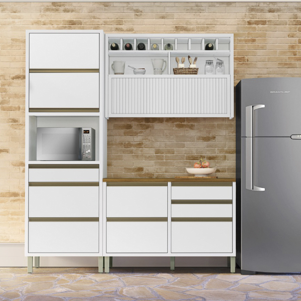 Cozinha Completa 3 Módulos com Gavetas, Armário Aéreo, Nichos, Balcão Madeira e Torre Paneleiro Baronesa Branca Nesher