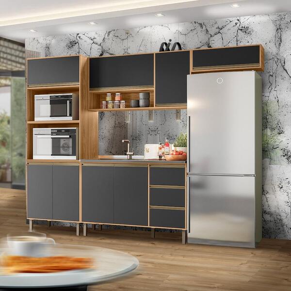 Cozinha Completa 4 Módulos 8 Portas 3 Gavetas Nature Preto Fo