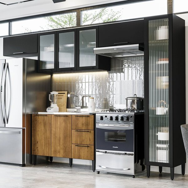 Cozinha Completa 5 Módulos 8 Portas 3 Gavetas Canelone  Preto