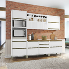 Cozinha Completa 5 Módulos com Gavetas, Armário Aéreo, Nichos, Torre Paneleiro e Balcão Madeira Baronesa Branca Nesher