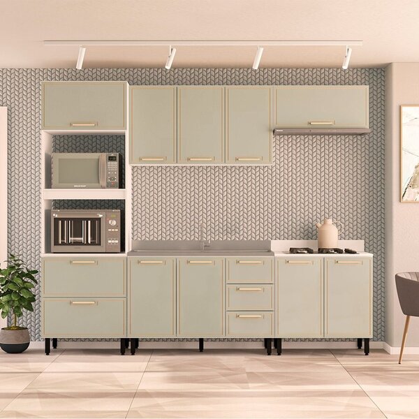 Cozinha Completa 5 Peças 224,5cmx270cm Amara Branco/verde Oli