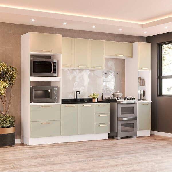Cozinha Completa 5 Peças 224,5cmx310cm Amara Branco/verde Oli