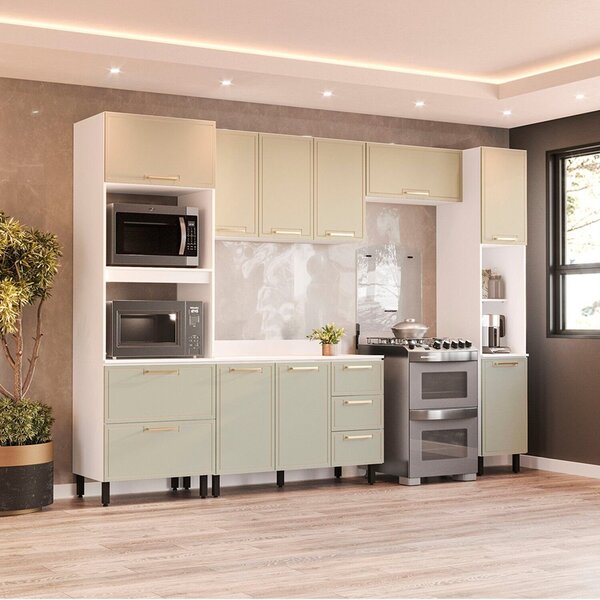 Cozinha Completa 5 Peças 224,5cmx310cm Amara Branco/verde Oli