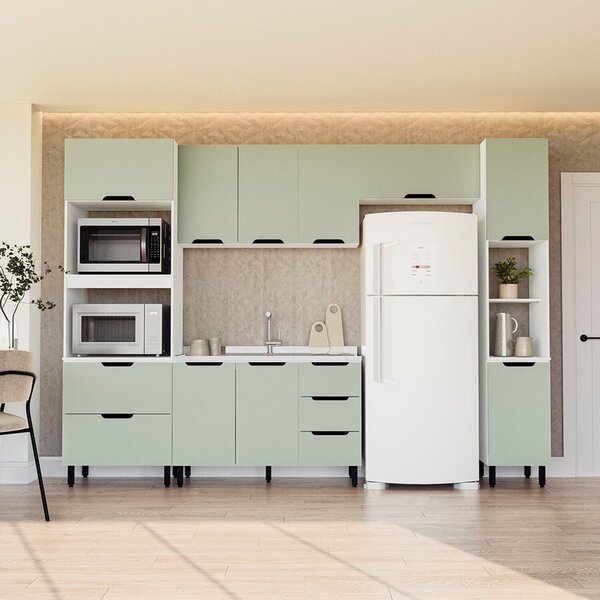 Cozinha Completa 5 Peças 224,5cmx310cm Meena Branco/verde Oli