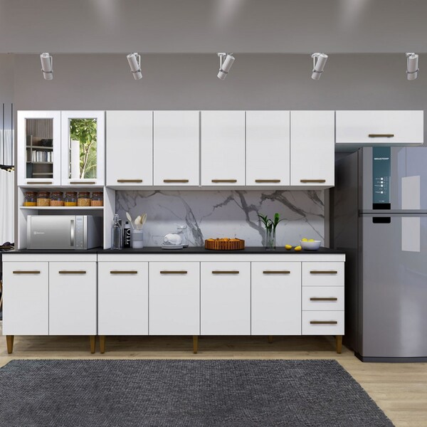 Cozinha Completa Atenas 14 Portas 3 Gavetas Com Vidro Branco