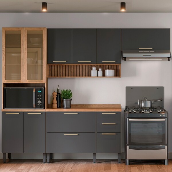 Cozinha Completa Avelã 11 Portas 2 Gavetas Com Vidro Mel/graf