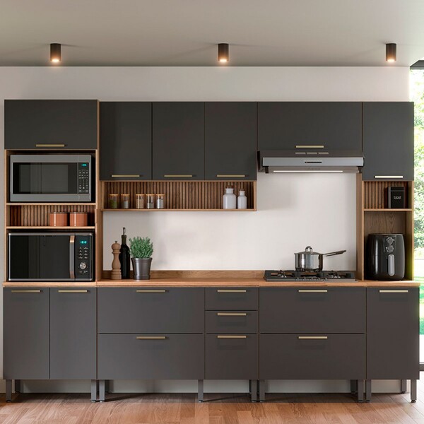 Cozinha Completa Avelã 14 Portas 2 Gavetas Mel/grafite - Tela