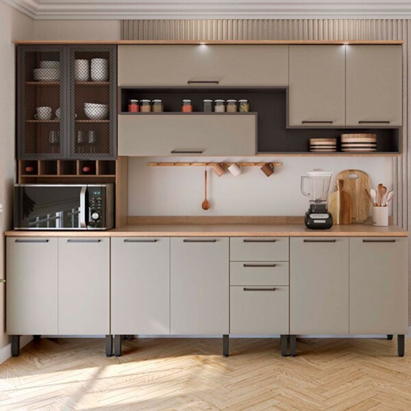 Cozinha Completa Caiena 12 Portas 3 Gavetas Com Vidro E Led M