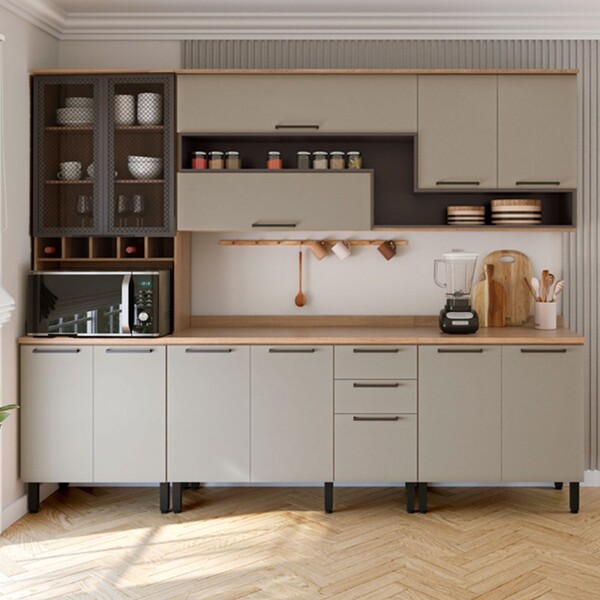 Cozinha Completa Caiena 12 Portas 3 Gavetas Com Vidro Mel/fum