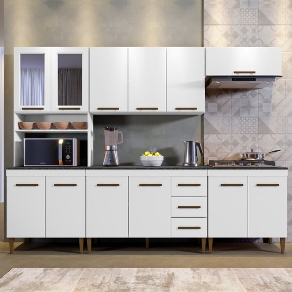 Cozinha Completa Com Vidro Reflecta 12 Portas 3 Gavetas E Bal