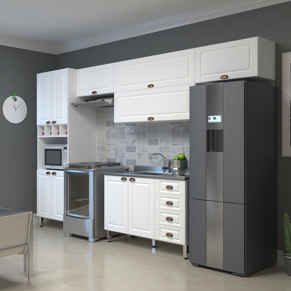 Cozinha Completa 5 Módulos com Gavetas, Armário Aéreo, Torre e Balcão MDF Cristal Branca Luciane