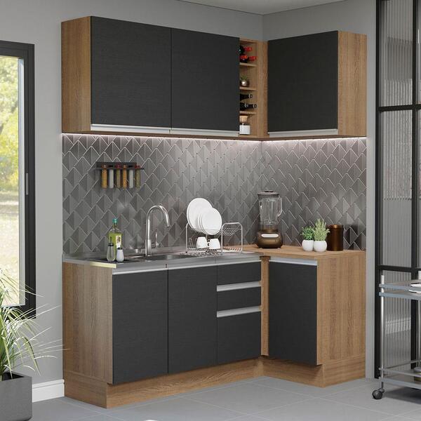 Cozinha Completa De Canto Madesa Glamy 269001 Com Armário E B
