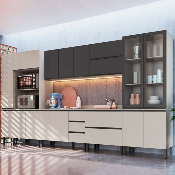 Cozinha Completa Plátano 16 Portas 5 Gavetas Fumê/grafite - Q