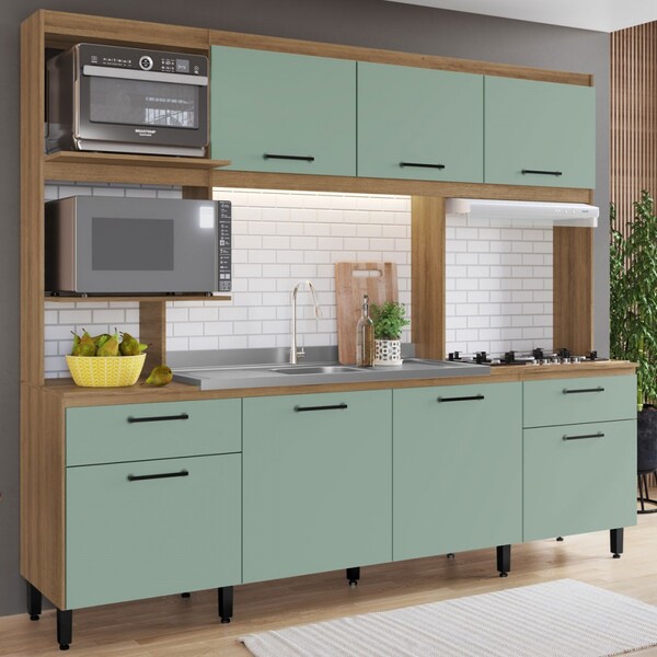 Cozinha Completa Renata 7 Portas 2 Gavetas Mel/verde Belaggio