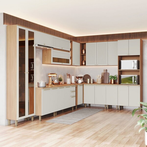 Cozinha Completa Requinte 22 Portas 2 Gavetas Ripado Com Vidr