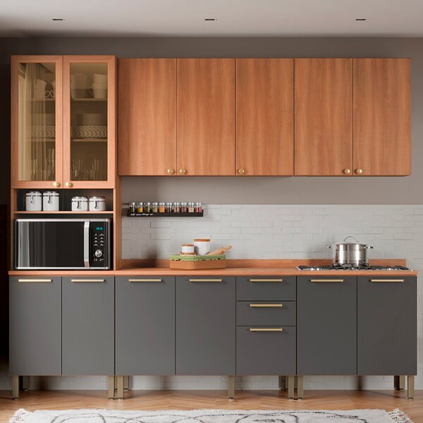 Cozinha Completa Sálvia 13 Portas 3 Gavetas Com Vidro Freijó/