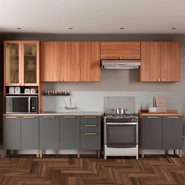 Cozinha Completa Sálvia 14 Portas 3 Gavetas Com Vidro Freijó/