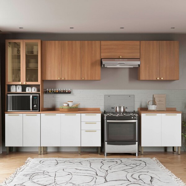 Cozinha Completa Sálvia 14 Portas 3 Gavetas Com Vidro Freijó/