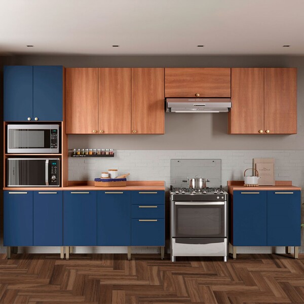 Cozinha Completa Sálvia 14 Portas 3 Gavetas Freijó/azul - Tel
