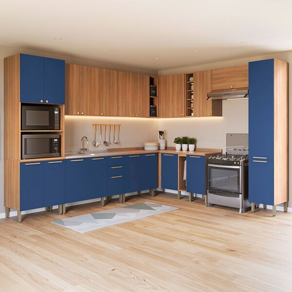 Cozinha Completa Sálvia 20 Portas 3 Gavetas Freijó/azul - Tel