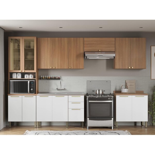 Cozinha Completa Sálvia 6 Peças Com Paneleiro De Vidro Branco